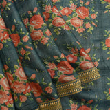 Elegant Forest Green Printed Saree With Coral Rose Floral Design, Red Pallu & Gold Embroidered Border