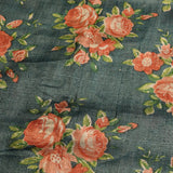 Elegant Forest Green Printed Saree With Coral Rose Floral Design, Red Pallu & Gold Embroidered Border