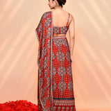 Ruby Red Satin Silk Ajrakh Printed Draped Saree