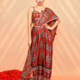 Ruby Red Satin Silk Ajrakh Printed Draped Saree