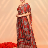 Ruby Red Satin Silk Ajrakh Printed Draped Saree