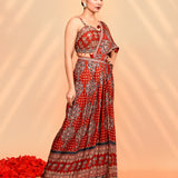 Ruby Red Satin Silk Ajrakh Printed Draped Saree
