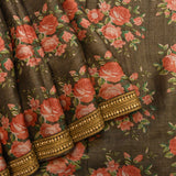 Olive Green Sheer Organza Saree With Crimson Red Floral Jaal And Contrast Gold Zari Border