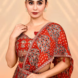Ruby Red Satin Silk Ajrakh Printed Draped Saree