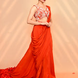 Reddish Orange Crepe Silk Draped Saree