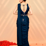 Navy Blue Tissue Silk Embroidered Draped Saree