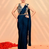 Navy Blue Tissue Silk Embroidered Draped Saree