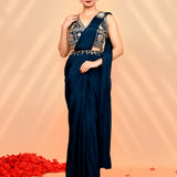 Navy Blue Tissue Silk Embroidered Draped Saree