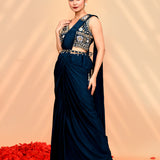 Navy Blue Tissue Silk Embroidered Draped Saree