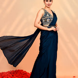Navy Blue Tissue Silk Embroidered Draped Saree