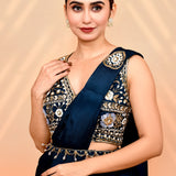 Navy Blue Tissue Silk Embroidered Draped Saree
