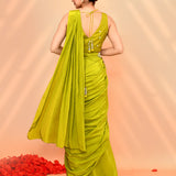 Lime Green Tissue Silk Embroidered Draped Saree