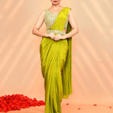Lime Green Tissue Silk Embroidered Draped Saree