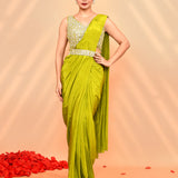 Lime Green Tissue Silk Embroidered Draped Saree