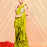Lime Green Tissue Silk Embroidered Draped Saree