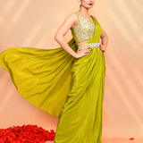 Lime Green Tissue Silk Embroidered Draped Saree