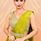Lime Green Tissue Silk Embroidered Draped Saree