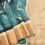 Vibrant Blue Green Silk Blend Printed Saree With Traditional Motifs