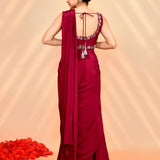 Burgundy Satin Silk Embroidered Draped Saree