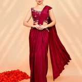 Burgundy Satin Silk Embroidered Draped Saree