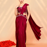 Burgundy Satin Silk Embroidered Draped Saree