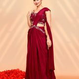 Burgundy Satin Silk Embroidered Draped Saree