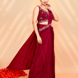 Burgundy Satin Silk Embroidered Draped Saree