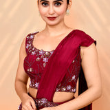 Burgundy Satin Silk Embroidered Draped Saree