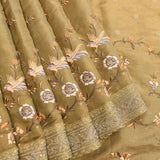 Dark Beige Silk Blend Tissue Embroidered Saree