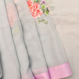 Elegant Grey Chiffon Georgette Saree With Floral Embroidery