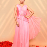 Flamingo Pink Crepe Silk Solid Draped Saree