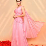 Flamingo Pink Crepe Silk Solid Draped Saree