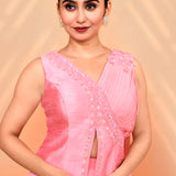 Flamingo Pink Crepe Silk Solid Draped Saree