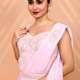 Pearl Pink Tissue Silk Embroidered Draped Saree