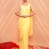 Soft Yellow Tissue Silk Embroidered Draped Saree