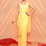 Soft Yellow Tissue Silk Embroidered Draped Saree