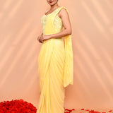 Soft Yellow Tissue Silk Embroidered Draped Saree