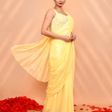 Soft Yellow Tissue Silk Embroidered Draped Saree