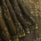 Olive Green Organza Tissue Printed Saree With Gold Zari Border