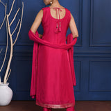 Bright Pink Zari Woven Silk Kurta Set