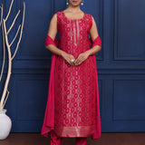 Bright Pink Zari Woven Silk Kurta Set