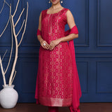 Bright Pink Zari Woven Silk Kurta Set