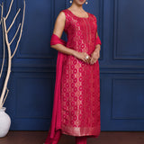 Bright Pink Zari Woven Silk Kurta Set