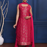 Bright Pink Zari Woven Silk Kurta Set