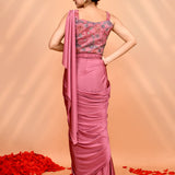 Vintage Pink Satin Silk Floral Draped Saree