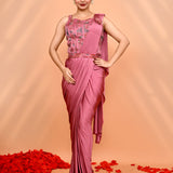 Vintage Pink Satin Silk Floral Draped Saree