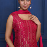Bright Pink Zari Woven Silk Kurta Set