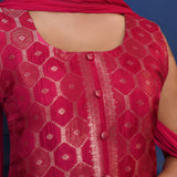 Bright Pink Zari Woven Silk Kurta Set