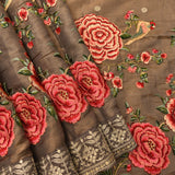 Brown Organza Tissue Designer Saree With Floral And Animal Embroidered Border Highlight