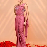 Vintage Pink Satin Silk Floral Draped Saree
